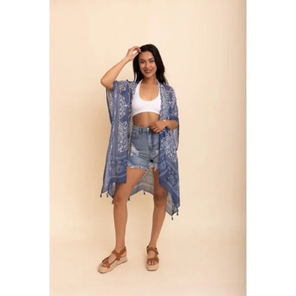 Navy Blue Mandala Printed Tassel Open Kimono Coverup Casual Wrap One Size - Picture 2 of 4